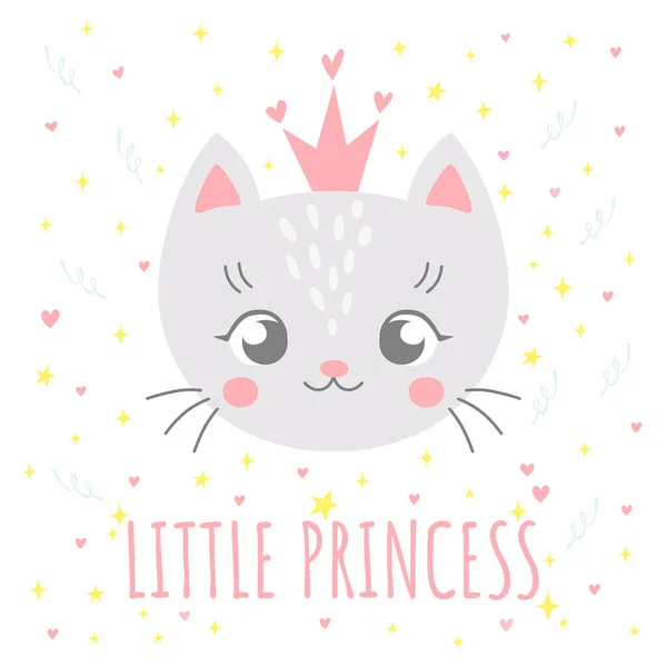 Cute card with little cat princess portrait. Funny animal cartoon character in simple hand-drawn Scandinavian style. — Vector de stock