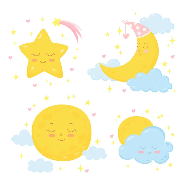 Cute hand drawn set of smiling full moon, cloud, star, crescent and sparkles. — Stock Vector