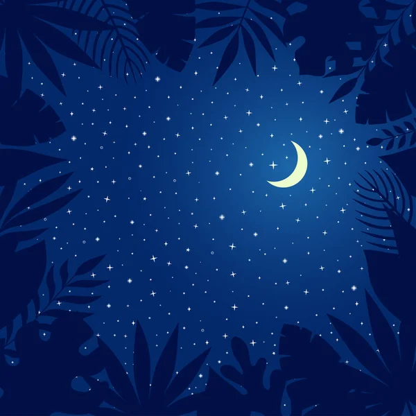 Square background with tropical leaves on night starry sky with half moon. — Stock Vector