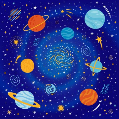 Colorful space background with planets, galaxy, comets and stars in cartoon style.