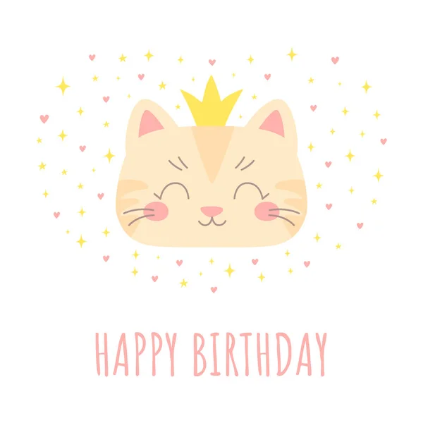 Greeting card with cute cat princess face. Funny animal cartoon character in simple hand-drawn Scandinavian style. — Stock Vector