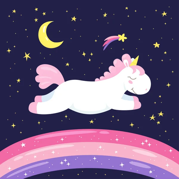 Lindo unicornio que corre sobre el arco iris en el fondo del cielo nocturno con constelaciones, media luna y estrellas. — Vector de stock