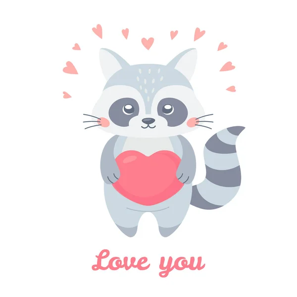 Cute raccoon holding heart in hand-drawn cartoon style. Perfect for greeting cards for Valentines Day. — Stock Vector