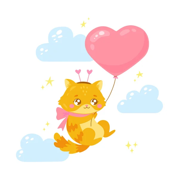 Cute cat flying with a heart shaped balloon in hand-drawn cartoon style. Funny character for greeting cards, Valentines Day, baby shower, childrens T-shirts, posters, invite, stickers. — Stock Vector