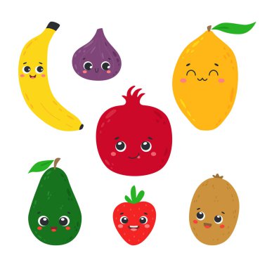 El çizimi çizgi film tarzında gülümseyen meyveler..