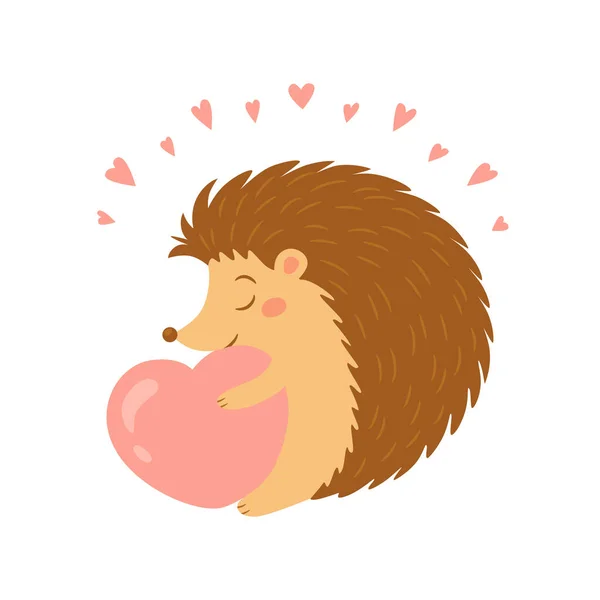Cute hedgehog holds a heart. Funny animal character in hand-drawn cartoon style. — Stock Vector