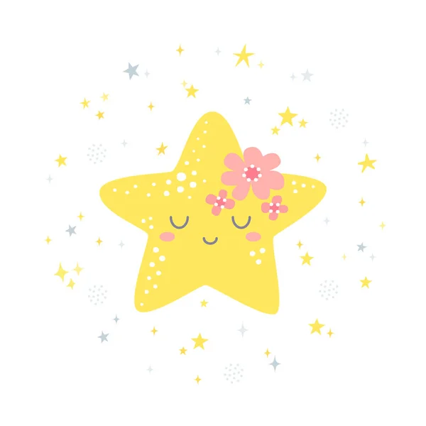 Cute smiling star with flowers in hand-drawn cartoon style. Lovely characters for stickers, posters, cards, invitations and nursery room decor. — Stock Vector