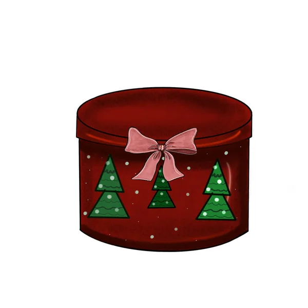 Illustration red round christmas box with bow — Stock Photo, Image