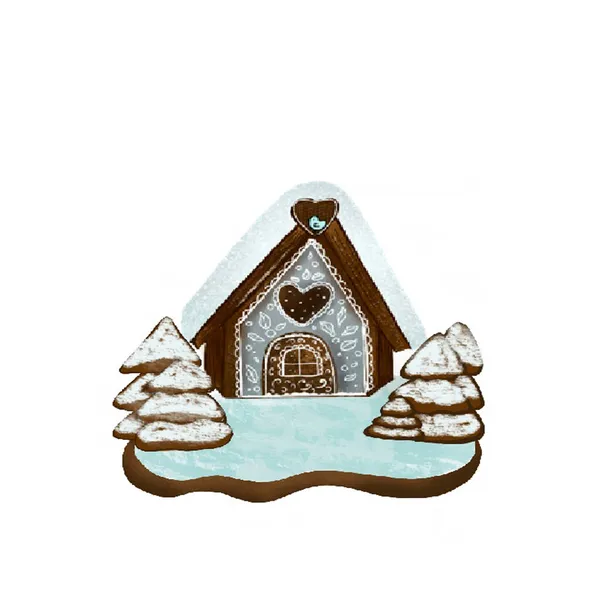 Иллюстрация пряничного зимнего домика с деревьями — стоковое фото