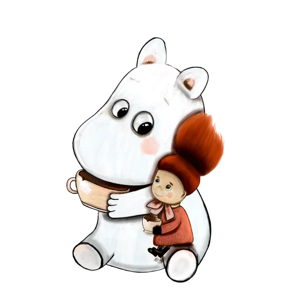 Illustration white hippo with a girl — Foto de Stock