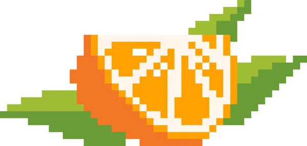 Yeşil yapraklı, pikselli bir dilim turuncu. 8 bitlik portakal dilimi beyaz arka planda izole edildi. Yazdır