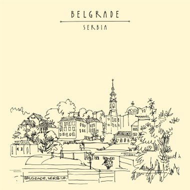 Vectpr Belgrad, Sırbistan elden kartpostal çekti. Sava nehrinden Belgrad ufuk çizgisi manzarası. El çizimi. Sırp seyahat skeci. Klasik turistik kartpostal, poster, takvim veya kitap illüstrasyonu