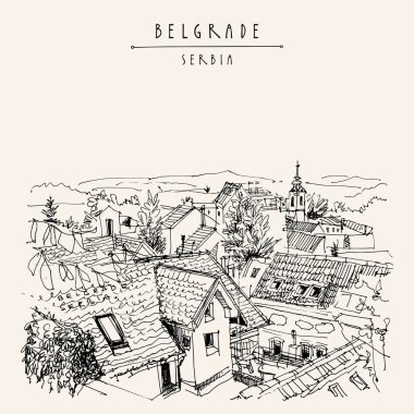 Vektör Belgrad, Sırbistan elle çizilmiş kartpostal. Zemun 'dan şehir manzarası. Tuna nehri ile Panorama. Belgrad çatılarının el çizimi. Sırp seyahat skeci. Klasik turistik kartpostal, poster illüstrasyonu