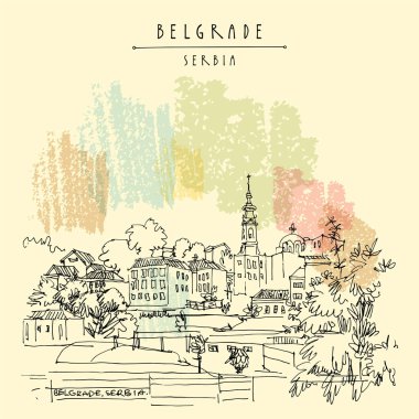 Vectpr Belgrad, Sırbistan elden kartpostal çekti. Sava nehrinden Belgrad ufuk çizgisi manzarası. El çizimi. Sırp seyahat skeci. Klasik turistik kartpostal, poster, takvim veya kitap illüstrasyonu