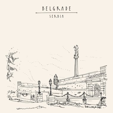 Belgrad, Sırbistan. Sırbistan 'ın Belgrad kentindeki Kalemegdan Kalesi ve Viktor Anıtı. El çizimi eski moda. Seyahat skeci. Klasik turistik kartpostal, poster, takvim veya kitap illüstrasyonu