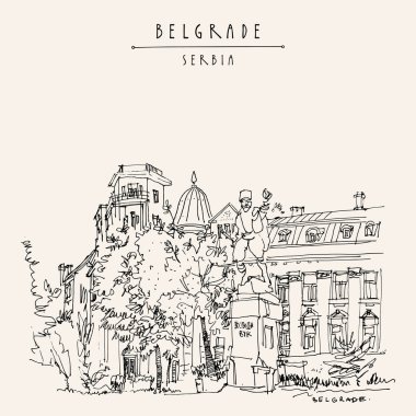 Vektör Belgrad, Sırbistan. Toplicin Venac 'taki Vojvoda Vuk Anıtı (Vojin Popoviç). El çizimi eski moda. Seyahat skeci. Klasik turistik kartpostal, poster, takvim veya kitap illüstrasyonu