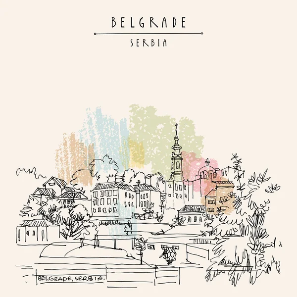 Vectpr Belgrade Serbia Hand Drawn Postcard Belgrade Skyline View River — Stock Vector