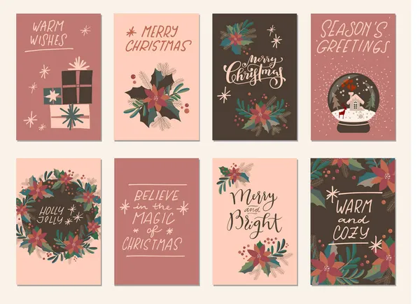 Conjunto Vectores Feliz Navidad Felices Fiestas Vintage Dibujado Mano Tarjetas — Vector de stock