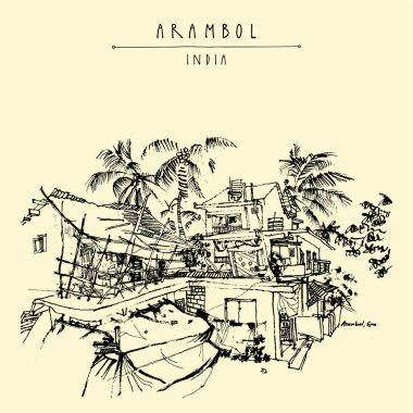 Arambol, Goa, Hindistan kartpostalı. Tropik köy manzarası. Sanatsal çizim. Seyahat skeci. Eski el çizimi kartpostal, poster, broşür çizimi