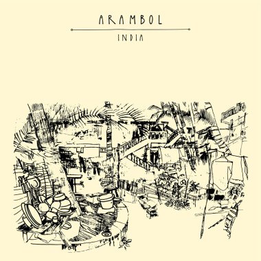 Arambol, Goa, Hindistan kartpostalı. Tropik kırsal Hint manzarası. Sanatsal çizim. Seyahat skeci. Eski el çizimi kartpostal, poster, broşür çizimi