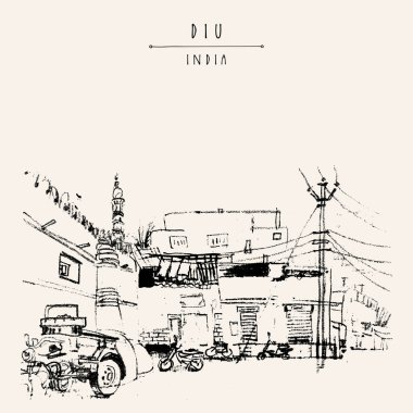 Diu, Hindistan illüstrasyonu. Diu kasabasında bir camii ile el çizimi şehir çizimi. Gezici sanatsal çizim. Klasik turistik kartpostal