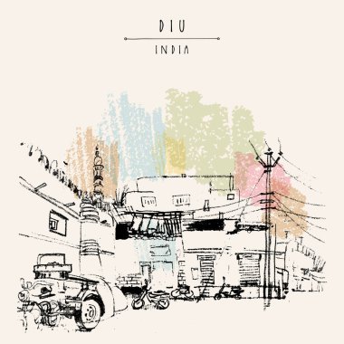 Diu, Hindistan illüstrasyonu. Diu kasabasında bir camii ile el çizimi şehir çizimi. Gezici sanatsal çizim. Klasik turistik kartpostal