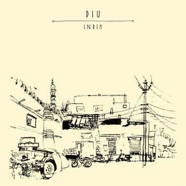 Diu, Hindistan illüstrasyonu. Diu kasabasında bir camii ile el çizimi şehir çizimi. Gezici sanatsal çizim. Klasik turistik kartpostal