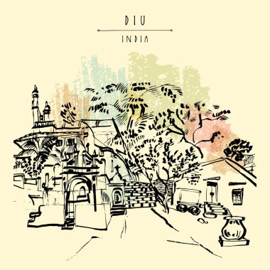 Diu, Hindistan illüstrasyonu. El çizimi şehir manzarası çizimi. Diu kasabasında Katolik kilisesi olan güzel bir bahçe. Gezici sanatsal çizim. Klasik turistik kartpostal, poster