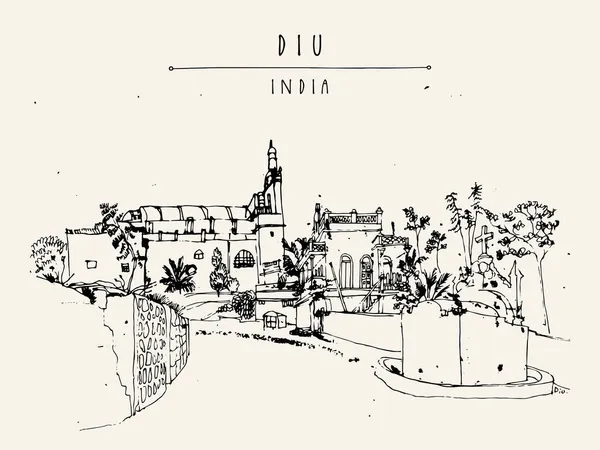 Une Belle Église Portugaise Diu Inde Esquisse Paysage Urbain Dessinée — Image vectorielle