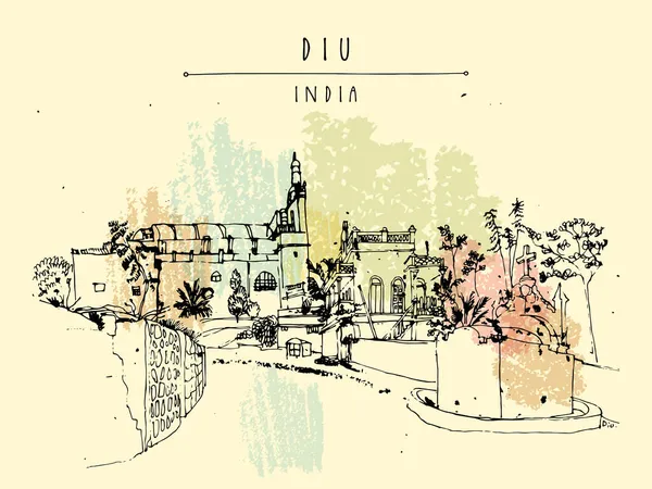 Una Hermosa Iglesia Portuguesa Diu India Esbozo Paisaje Urbano Dibujado — Vector de stock