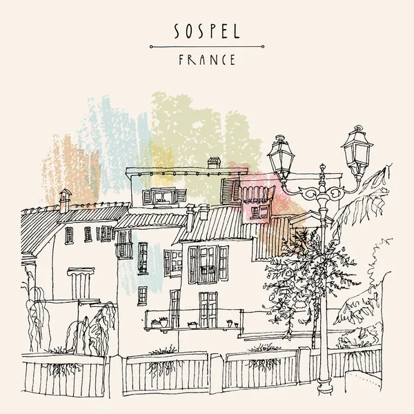 Sospel France Illustration 손으로 아름다운 지중해 마을에 건물들 스케치 빈티지터 — 스톡 벡터