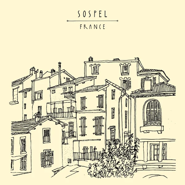Sospel Francie Ilustrace Ručně Kreslený Náčrtek Města Krásné Staré Domy — Stockový vektor