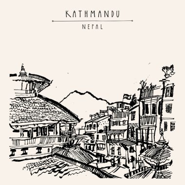 Katmandu, Nepal, Asya kartpostalı. Katmandu 'daki Hanuman Dhoka Durbar Meydanı yakınlarındaki antik Hindu tapınağı ve pazarı. Tarihi binalar. El çizimi seyahat posteri. Sanatsal çizim çizimi