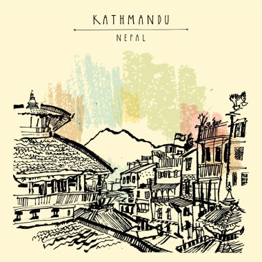 Katmandu, Nepal, Asya kartpostalı. Katmandu 'daki Hanuman Dhoka Durbar Meydanı yakınlarındaki antik Hindu tapınağı ve pazarı. Tarihi binalar. El çizimi seyahat posteri. Sanatsal çizim çizimi