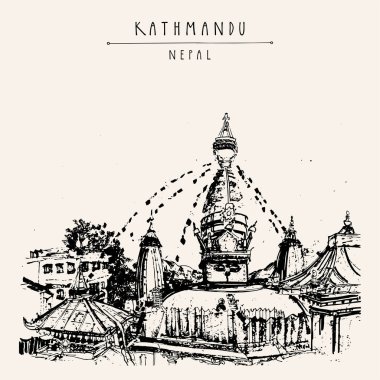 Katmandu, Nepal, Asya kartpostalı. Görkemli saygıdeğer antik Swayambhunath (Swayambhu tapınağı). Seyahat çizimi sanatsal çizim. El çizimi turistik kartpostal
