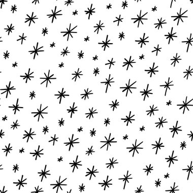 Kar taneleri pürüzsüz desenli. Kış tatili dijital kağıdı ve elle çizilmiş kar taneleri. Sonsuz tatlı kar yağışı dokusu. Sanatsal döşeme, ağ, kumaş, baskı için kış arkaplanı