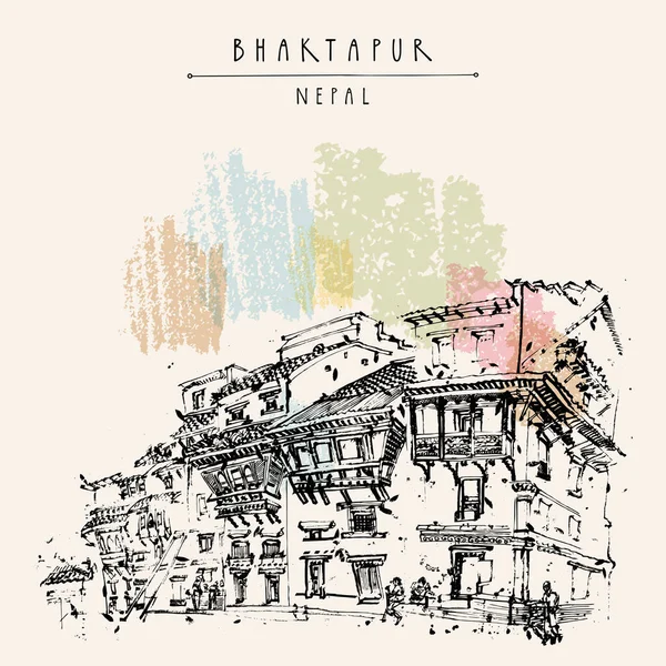 Бхактапур Непал Азиатская Открытка Старый Дом Эффектной Архитектуры Рядом Площадью — стоковый вектор