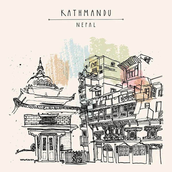 Κατμαντού Νεπάλ Ασιατική Κάρτα Μια Αυλή Στην Παλιά Πόλη Ένα — Διανυσματικό Αρχείο