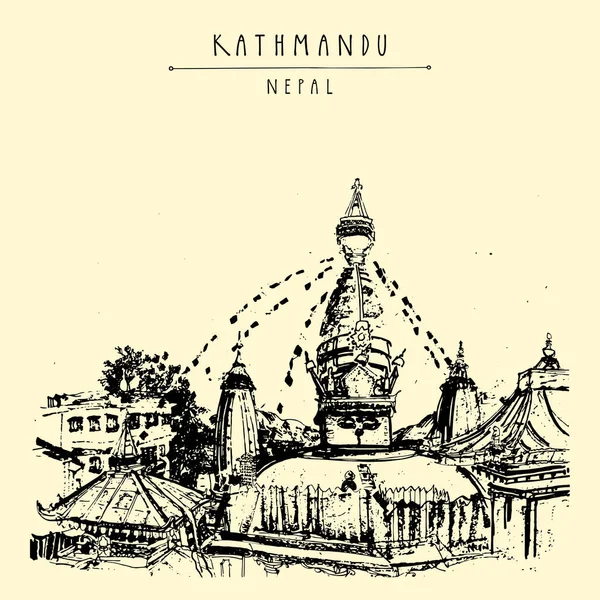 カトマンズ ネパール アジアのポストカード 豪華な著名な由緒ある古代のSwayamhunath Swayambhu寺院 旅行スケッチ芸術的な図面 手書き観光はがき — ストックベクタ