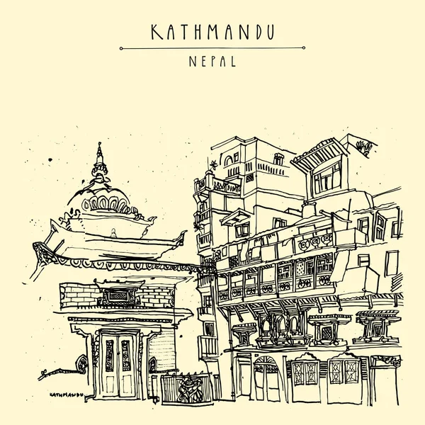 Катманду Непал Азиатская Открытка Двор Старом Городе Красивой Древней Святыней — стоковый вектор