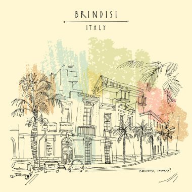 Brindisi, güney İtalya, kartpostal. Eski binalar, sıcak bir yaz gününde palmiye ağaçları. Apulia bölgesi. İtalyan el çizimi seyahat çizimi. Klasik artistik poster şablonu, kitap illüstrasyonu