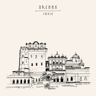 Orchha, Hindistan kartpostalı. Madhya Pradesh eyaletindeki muhteşem resim Orchha kalesi (16. yüzyıl başları). Jahangir Mahal sarayı. Seyahat çizimi çizimi. Klasik el çizimi poster çizimi