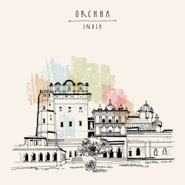 Orchha, Hindistan kartpostalı. Madhya Pradesh eyaletindeki muhteşem resim Orchha kalesi (16. yüzyıl başları). Jahangir Mahal sarayı. Seyahat çizimi çizimi. Klasik el çizimi poster çizimi