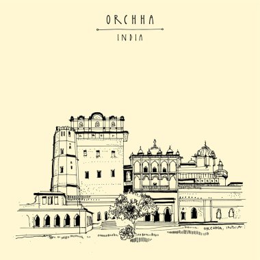 Orchha, Hindistan kartpostalı. Orchha kale kompleksi (16. yüzyılın başlarında inşa edilmiş) Madhya Pradesh eyaletinde. Jahangir Mahal sarayı. Seyahat çizimi çizimi. Klasik el çizimi poster çizimi