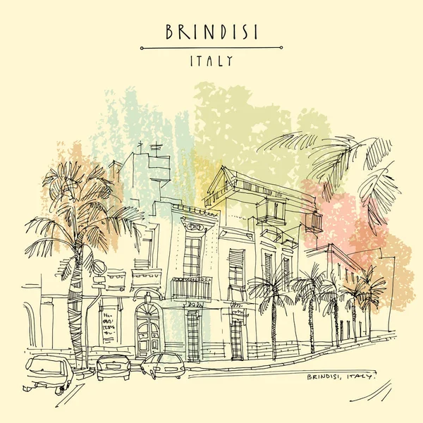 Brindisi Southern Italy Postcard Old Residential Buildings Palm Trees Hot — Stock Vector