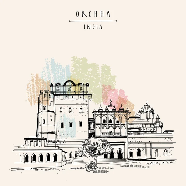 Orchha India Postcard Magnificent Picturesque Orchha Fort Early 16Th Century — стоковий вектор