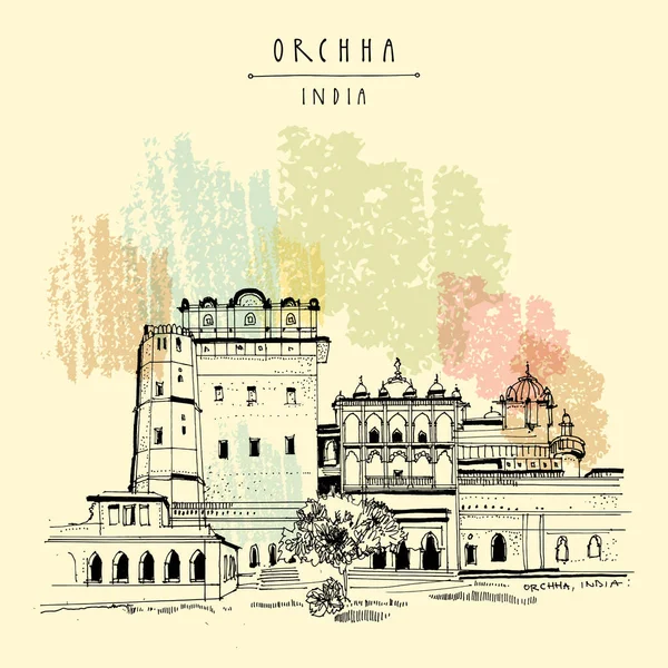Orchha India Postcard Orchha Fort Complex Built Early 16Th Century — стоковий вектор