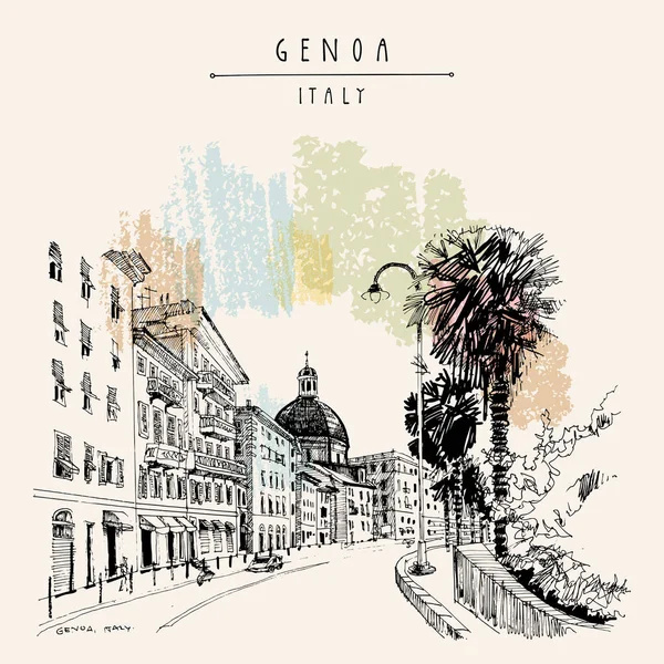 Genoa Liguria Italy Europe Postcard Beautiful Old Buildings Palm Trees — Stock Vector