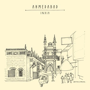 Ahmedabad, Gujarat, Hindistan 'da sanatsal kartpostal. Gandi yolu yakınında bir cami. Eski binalar ve çekçek (riksha, tul tuk). Seyahat skeci. El yapımı turistik poster, broşür çizimi