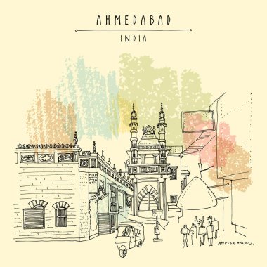 Ahmedabad, Gujarat, Hindistan 'da sanatsal kartpostal. Gandi yolu yakınında bir cami. Eski binalar ve çekçek (riksha, tul tuk). Seyahat skeci. El yapımı turistik poster, broşür çizimi